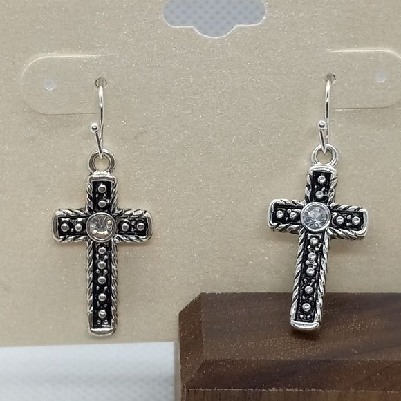 Kim Rogers Antiqued Cross Rhinestone Silver Tone Dangle Wire‎ Pierced Earrings - Picture 3 of 5